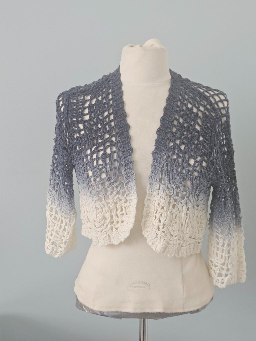 CHICOS CROCHETED SHRUG, BLUE OMBRE' DIP-DYED - Picture 2 of 6